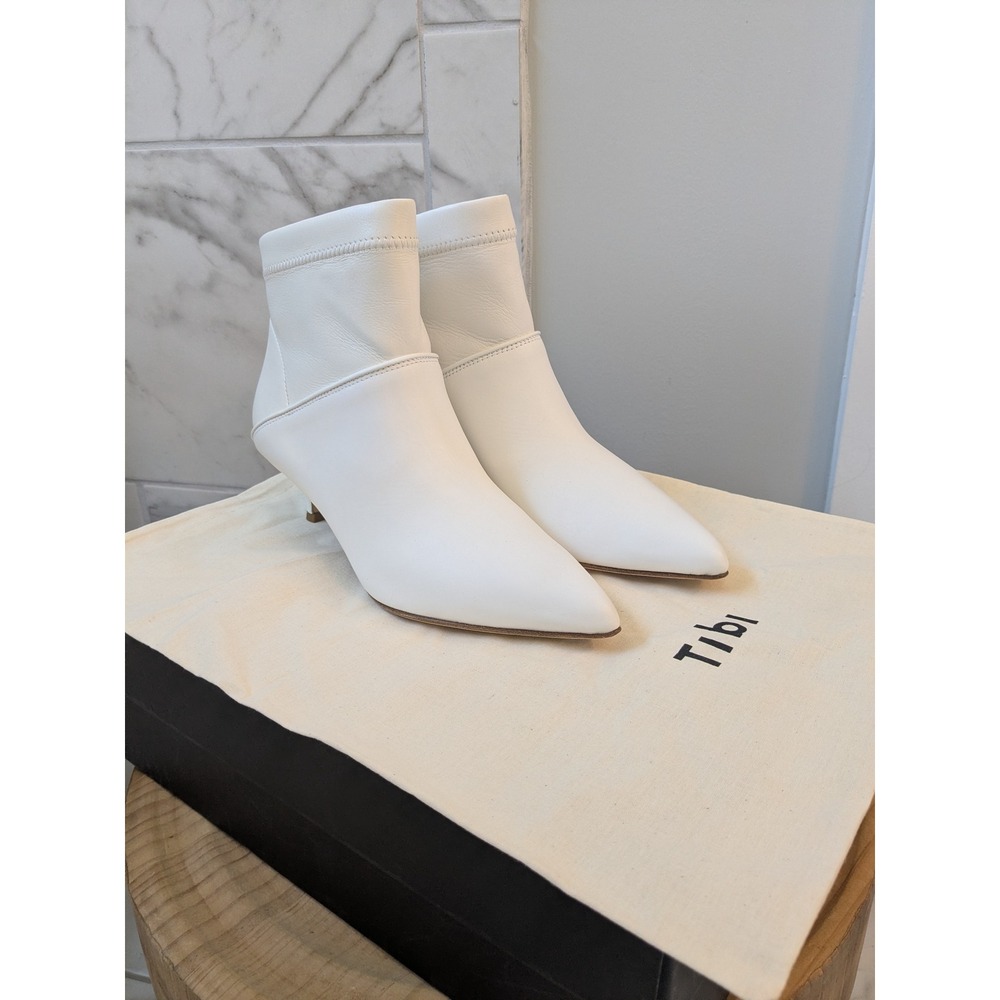 NIB Tibi Jean Calf White Leather Pointed‎ Toe Kitten Heel Ankle Boots36